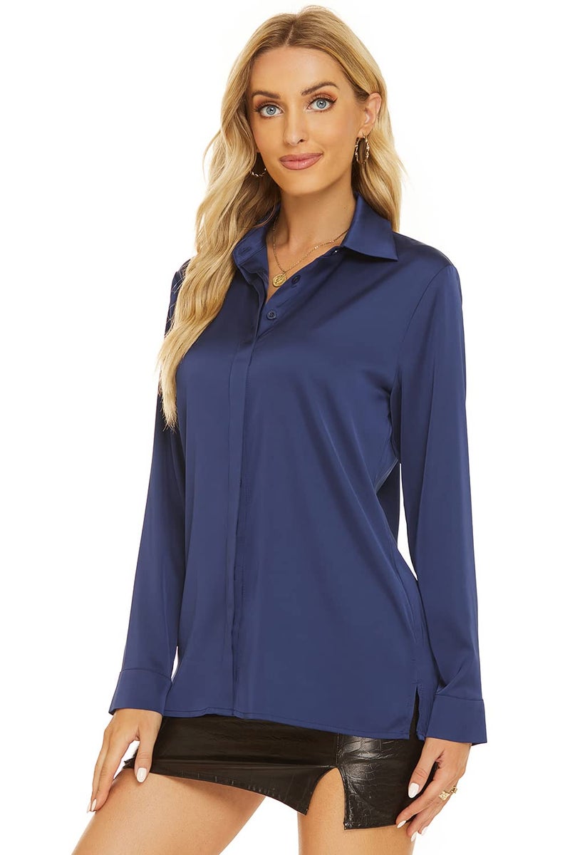 Escalier Women's Satin Silk Long Sleeve Button Down Shirt Casual Work Office Silky Blouse Top Navy 2XL - Image 4